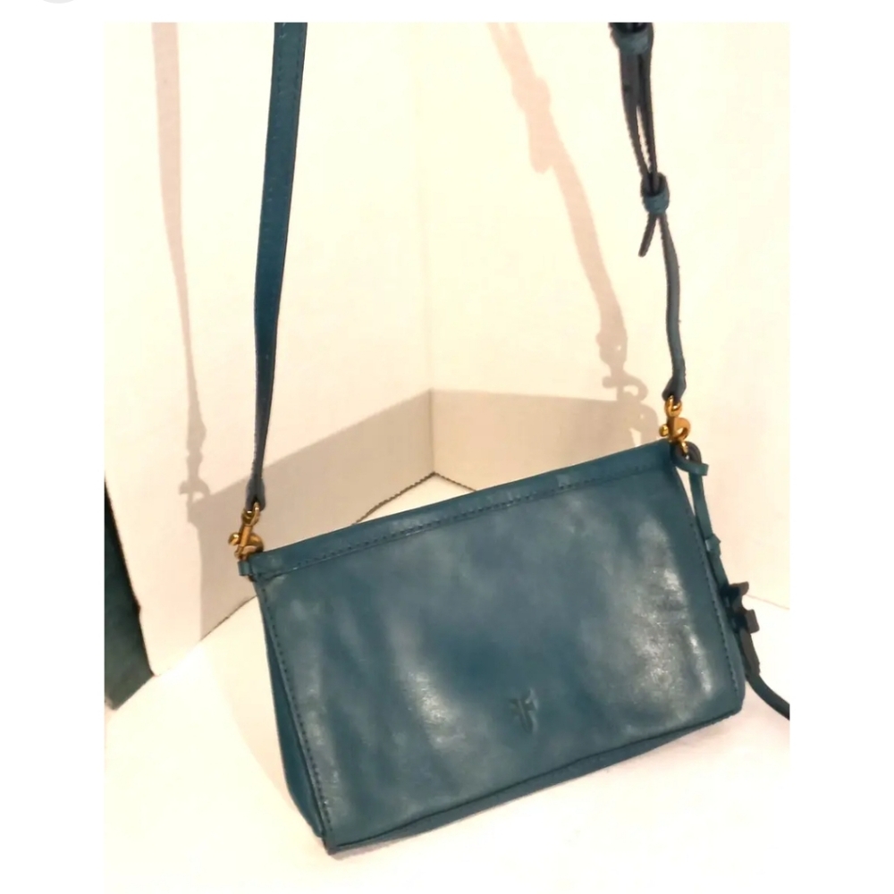 Frye teal crossbody -wristlet wallet c strap euc!
